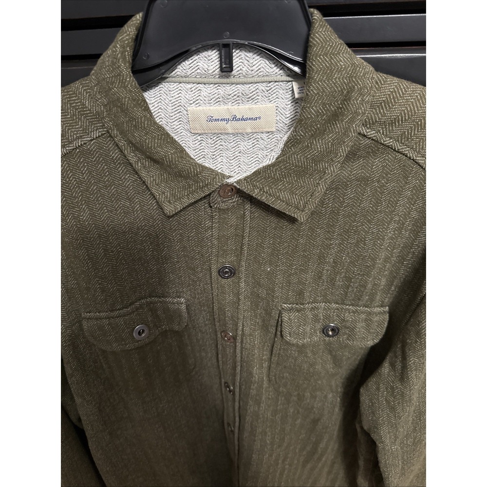 Tommy Bahama Large Green Harrisburg Knit Thick Regular Fit Spread Collar Chevron